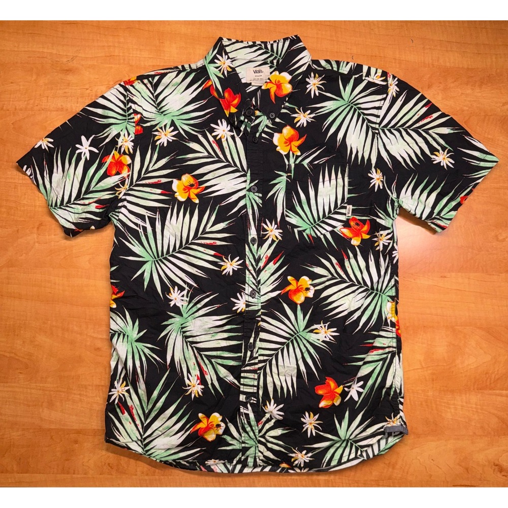Vans Mens Tailored Fit Tropical Palm Floral Button Down Shirt Black Medium